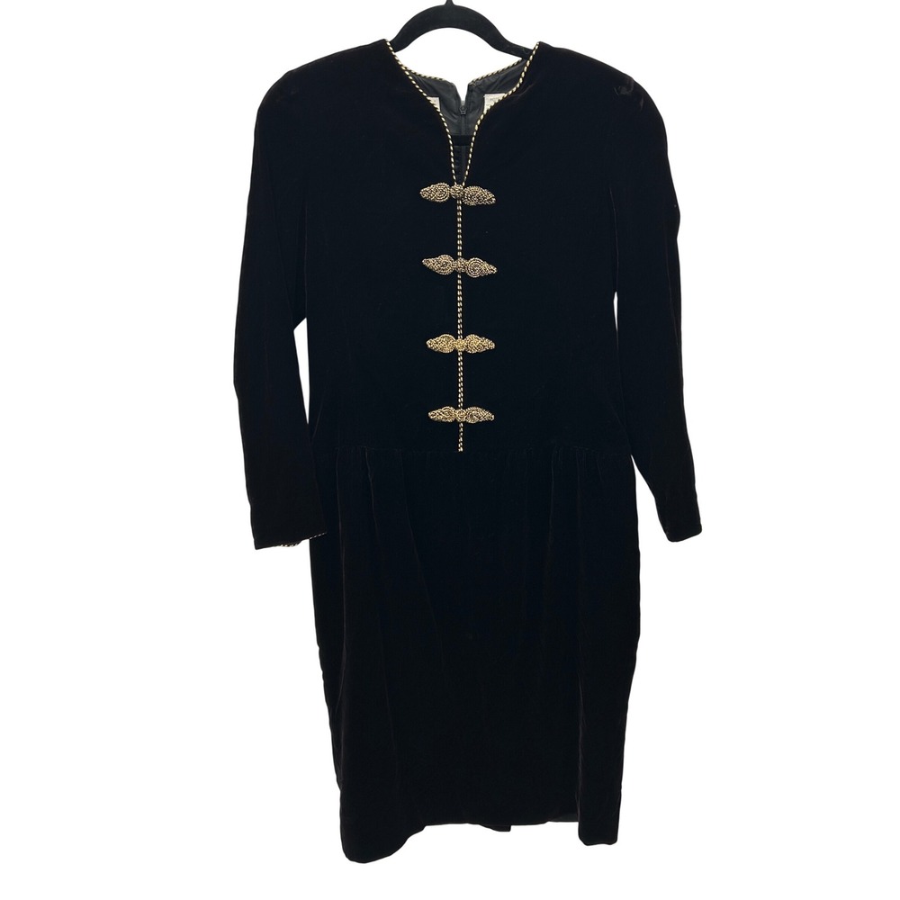 VTG Liz Claiborne Petite Brown Regal Whimsigoth Velvet Gold Trimmed Dress Size 6 - Picture 1 of 10